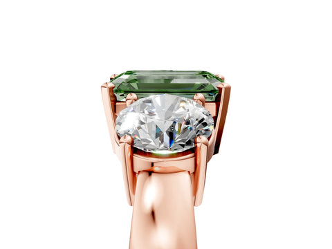Rose gold Three-Stone Fancy Green Emerald Cut Diamond Ring with Round Side Stones, Classic Band, and Four-Prong Setting_5