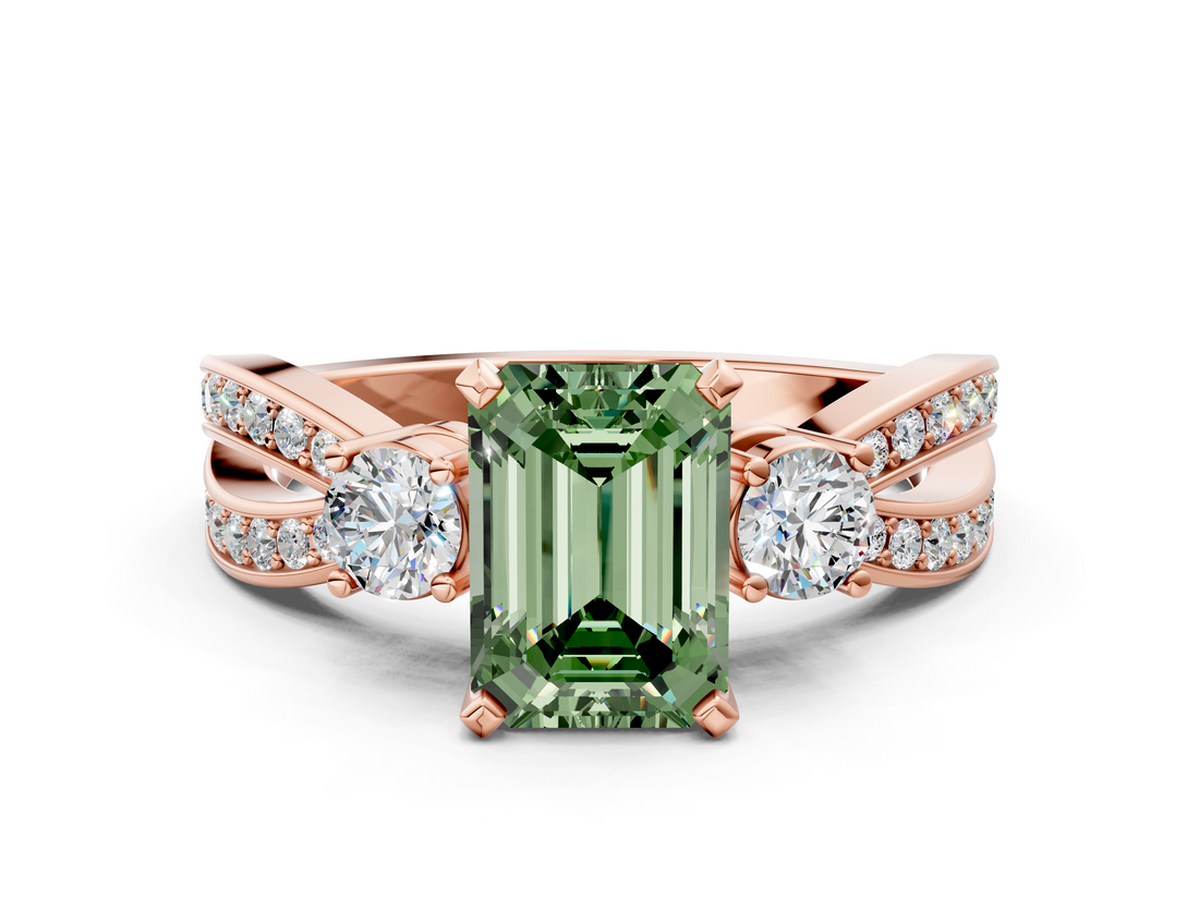 Rose gold Three-Stone Fancy Green Emerald  Cut Diamond Twist Band with Prong Setting_56