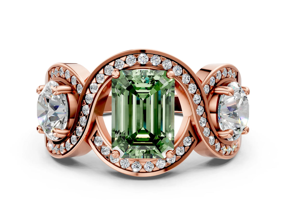Rose gold Three-Stone Fancy Green Emerald Cut Diamond Wave Pave Band with Prong Setting