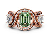 Rose gold Three-Stone Fancy Green Emerald Cut Diamond Wave Pave Band with Prong Setting