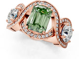 Rose gold Three-Stone Fancy Green Emerald Cut Diamond Wave Pave Band with Prong Setting_1
