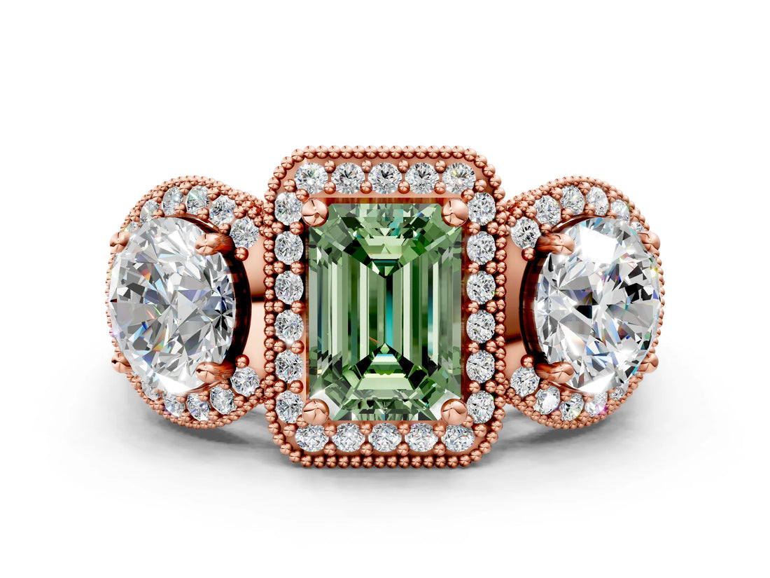 Rose gold Three-Stone Fancy Green Emerald Cut Halo Diamond Milgrain Band with Four-Prong Setting_12