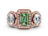 Rose gold Three-Stone Fancy Green Emerald Cut Halo Diamond Milgrain Band with Four-Prong Setting_12