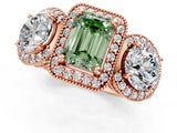 Rose gold Three-Stone Fancy Green Emerald Cut Halo Diamond Milgrain Band with Four-Prong Setting_13