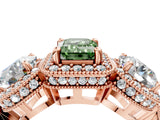 Rose gold Three-Stone Fancy Green Emerald Cut Halo Diamond Milgrain Band with Four-Prong Setting_16