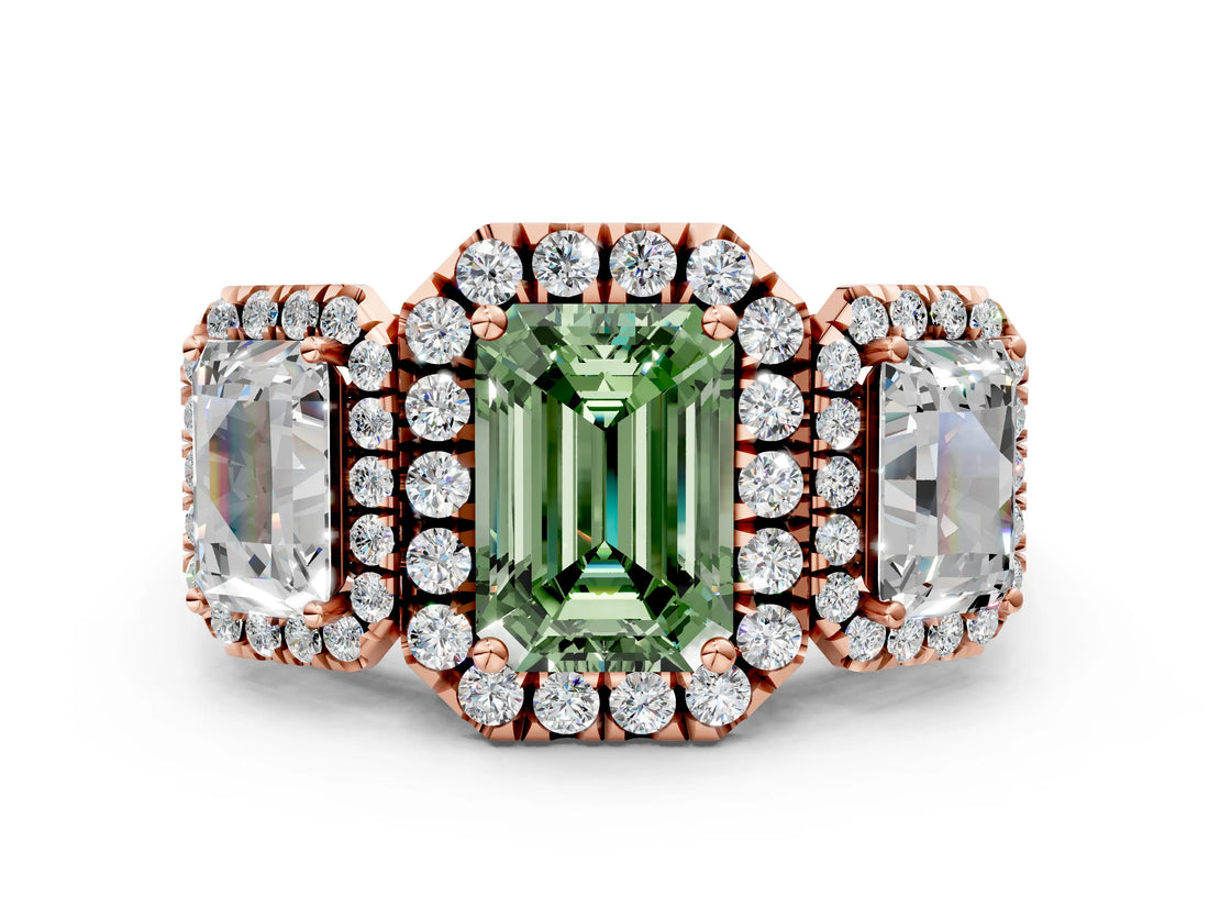 Rose gold Three-Stone Fancy Green Emerald Cut Halo Diamond Ring with Pave Band and Four-Prong Setting