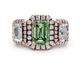 Rose gold Three-Stone Fancy Green Emerald Cut Halo Diamond Ring with Pave Band and Four-Prong Setting