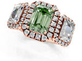 Rose gold Three-Stone Fancy Green Emerald Cut Halo Diamond Ring with Pave Band and Four-Prong Setting_1