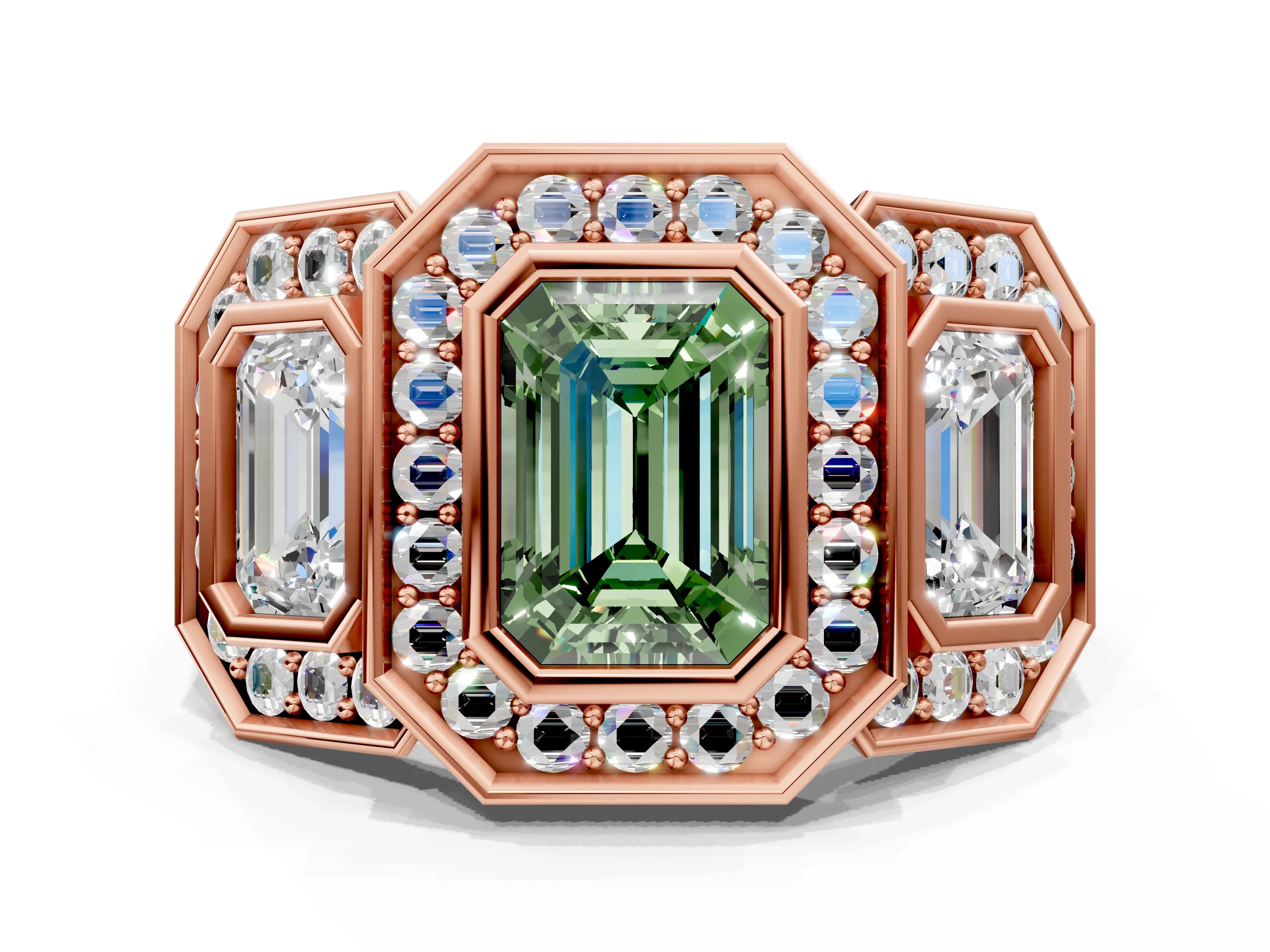 Rose gold Three-Stone Fancy Green Emerald Cut Halo Pavé Diamond Ring_12