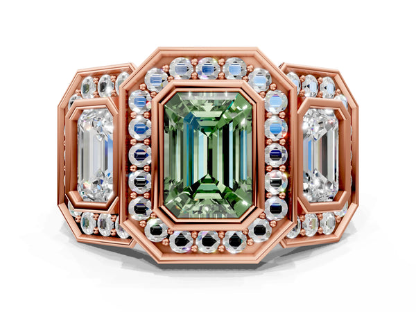 Rose gold Three-Stone Fancy Green Emerald Cut Halo Pavé Diamond Ring