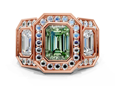 Rose gold Three-Stone Fancy Green Emerald Cut Halo Pavé Diamond Ring_12