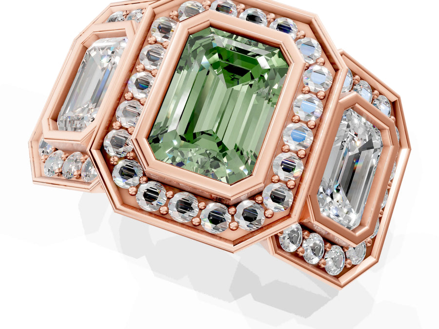Rose gold Three-Stone Fancy Green Emerald Cut Halo Pavé Diamond Ring