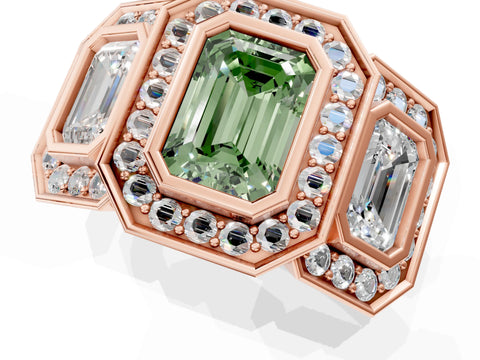 Rose gold Three-Stone Fancy Green Emerald Cut Halo Pavé Diamond Ring_13