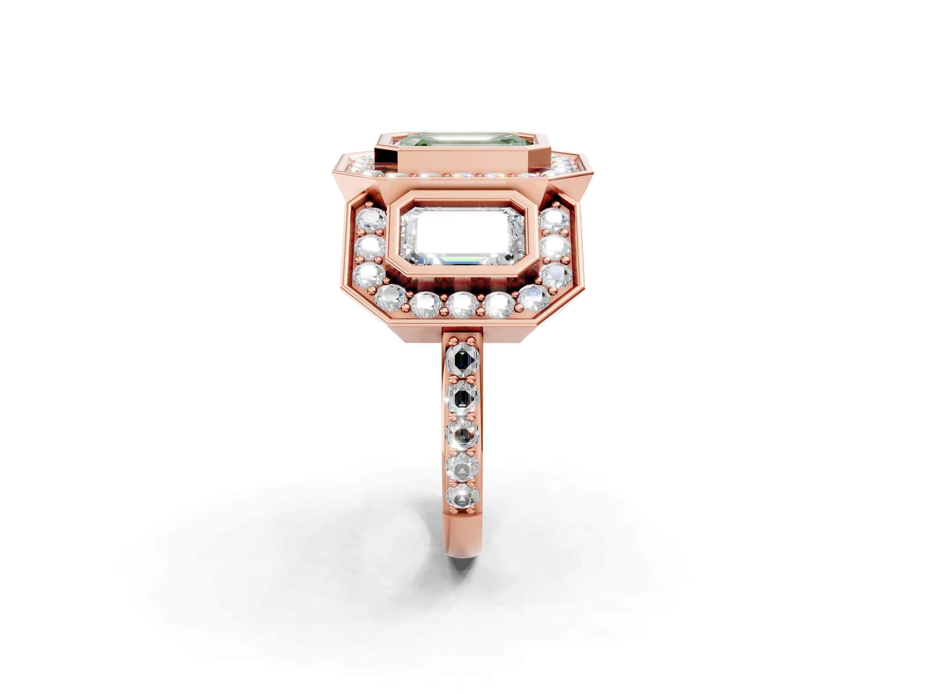 Rose gold Three-Stone Fancy Green Emerald Cut Halo Pavé Diamond Ring_14