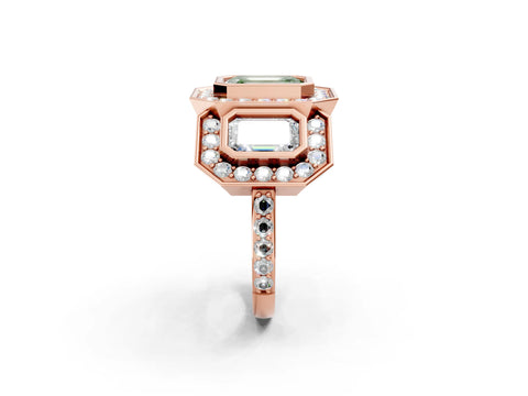 Rose gold Three-Stone Fancy Green Emerald Cut Halo Pavé Diamond Ring_14