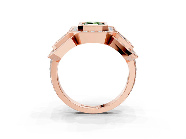 Rose gold Three-Stone Fancy Green Emerald Cut Halo Pavé Diamond Ring