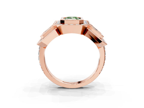 Rose gold Three-Stone Fancy Green Emerald Cut Halo Pavé Diamond Ring_15