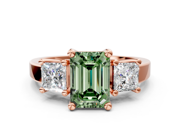 Rose gold Three-Stone Fancy Green Emerald  Cut Solitaire Ring with Prong Setting