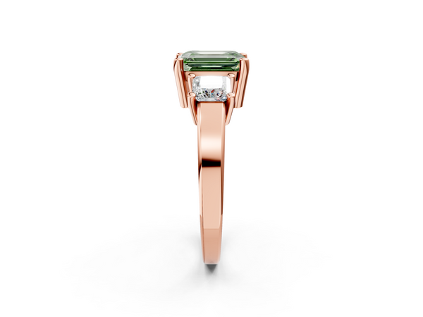 Rose gold Three-Stone Fancy Green Emerald  Cut Solitaire Ring with Prong Setting