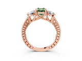 Rose gold Three-Stone Fancy Green Emerald  Diamond Milgrain Pave Band with Prong Setting 3