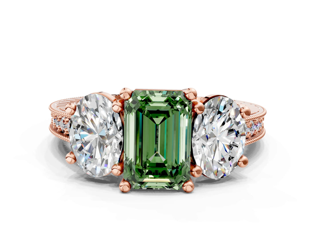 Rose gold Three-Stone Fancy Green Emerald  Diamond Milgrain Pave Band with Prong Setting