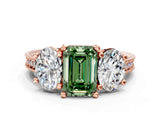 Rose gold Three-Stone Fancy Green Emerald  Diamond Milgrain Pave Band with Prong Setting