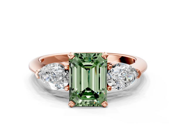 Rose gold Three-Stone Fancy Green Emerald Cut Diamond Ring with Pear Side Stones and Four-Prong Setting