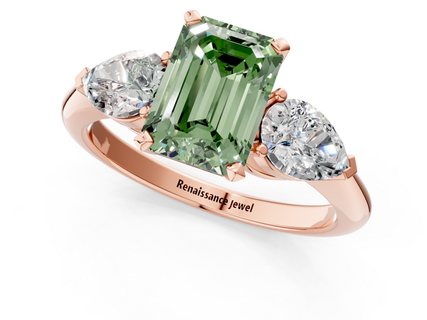 Rose gold Three-Stone Fancy Green Emerald Cut Diamond Ring with Pear Side Stones and Four-Prong Setting