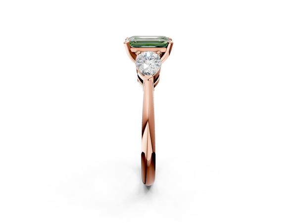 Rose gold Three-Stone Fancy Green Emerald Cut Diamond Ring with Pear Side Stones and Four-Prong Setting