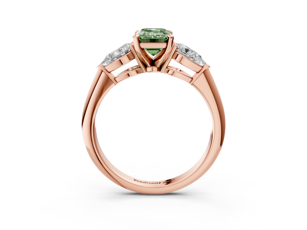 Rose gold Three-Stone Fancy Green Emerald Cut Diamond Ring with Pear Side Stones and Four-Prong Setting