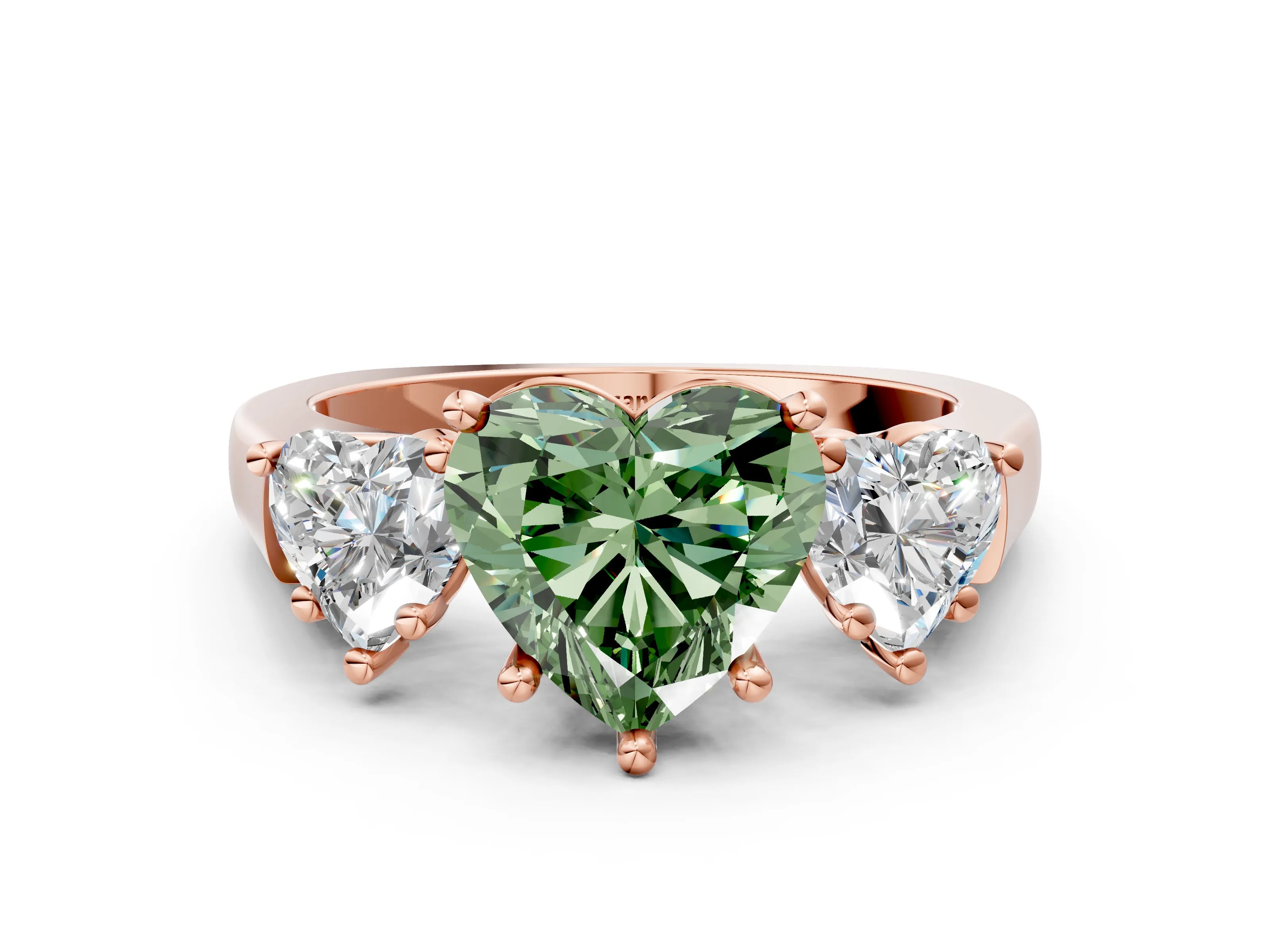 Rose gold Three-Stone Fancy Green Heart Cut Brilliant Diamond Trellis Ring with Comfort Fit Band