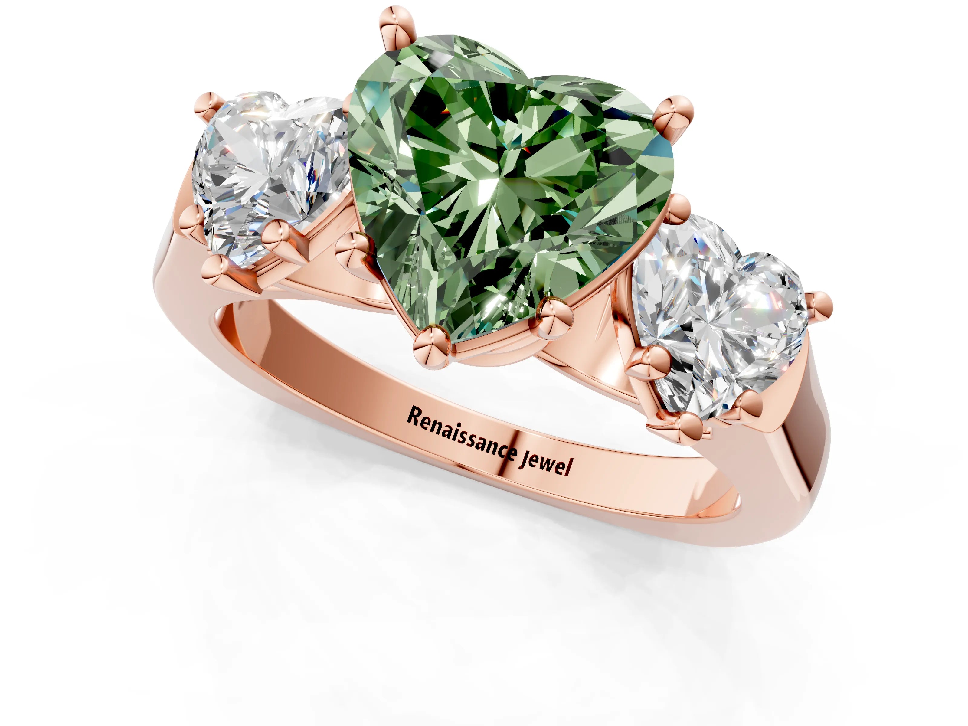 Rose gold Three-Stone Fancy Green Heart Cut Brilliant Diamond Trellis Ring with Comfort Fit Band_1