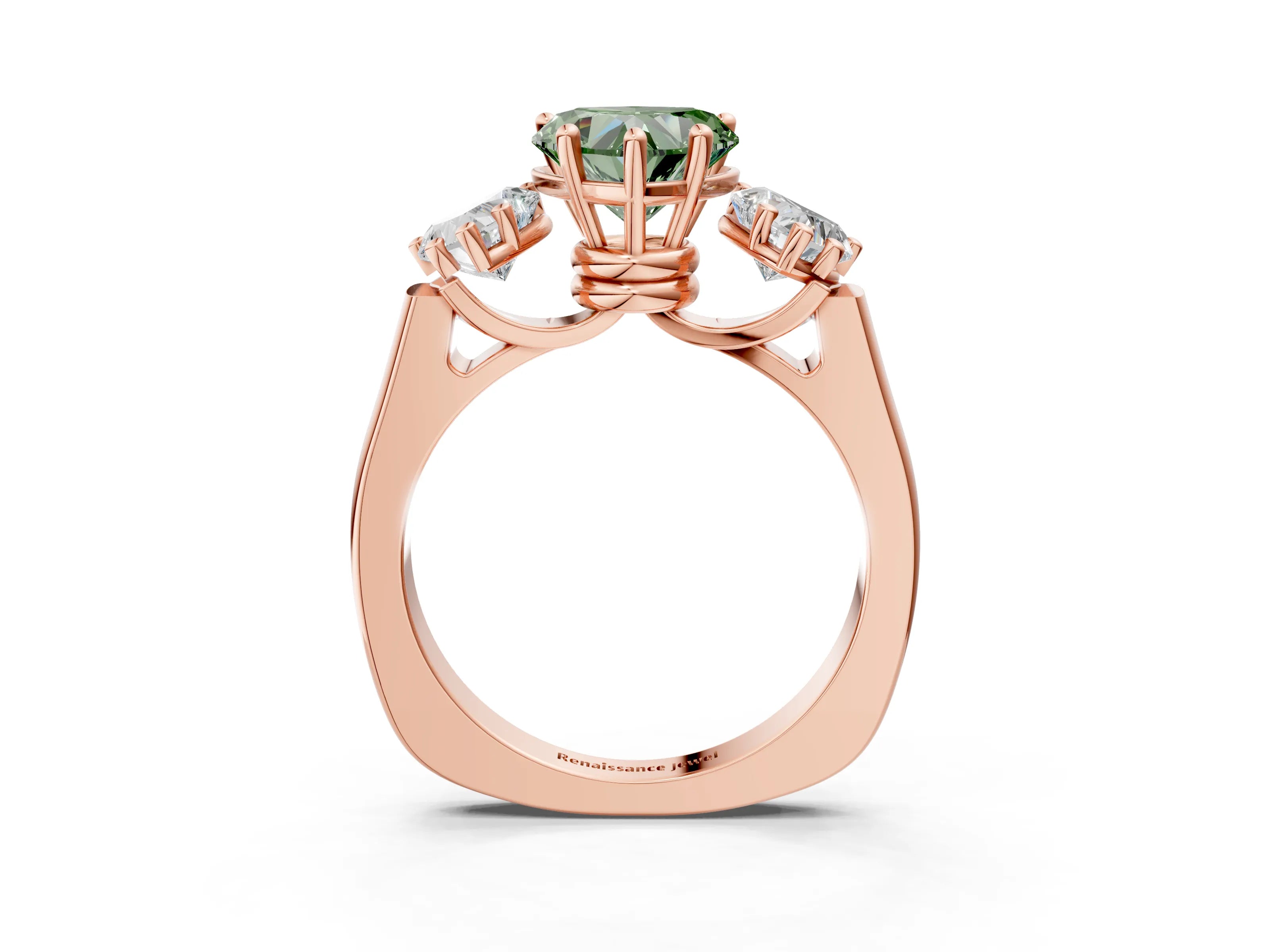 Rose gold Three-Stone Fancy Green Heart Cut Brilliant Diamond Trellis Ring with Comfort Fit Band_3