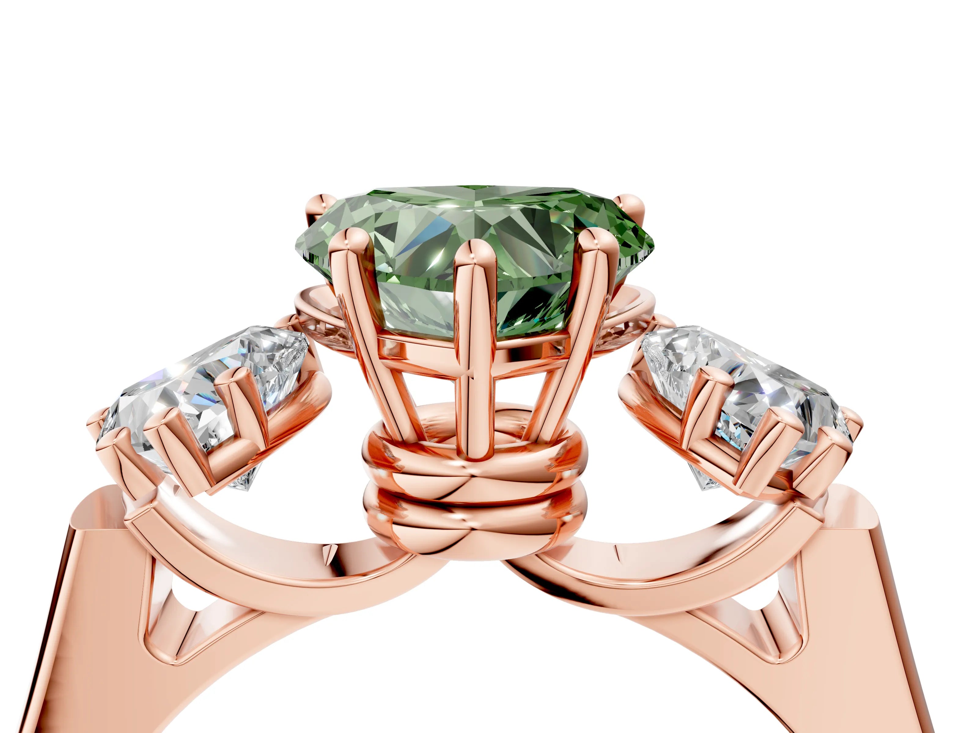 Rose gold Three-Stone Fancy Green Heart Cut Brilliant Diamond Trellis Ring with Comfort Fit Band_4
