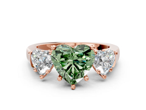Rose gold Three-Stone Fancy Green Heart Cut Brilliant Diamond Trellis Ring with Comfort Fit Band