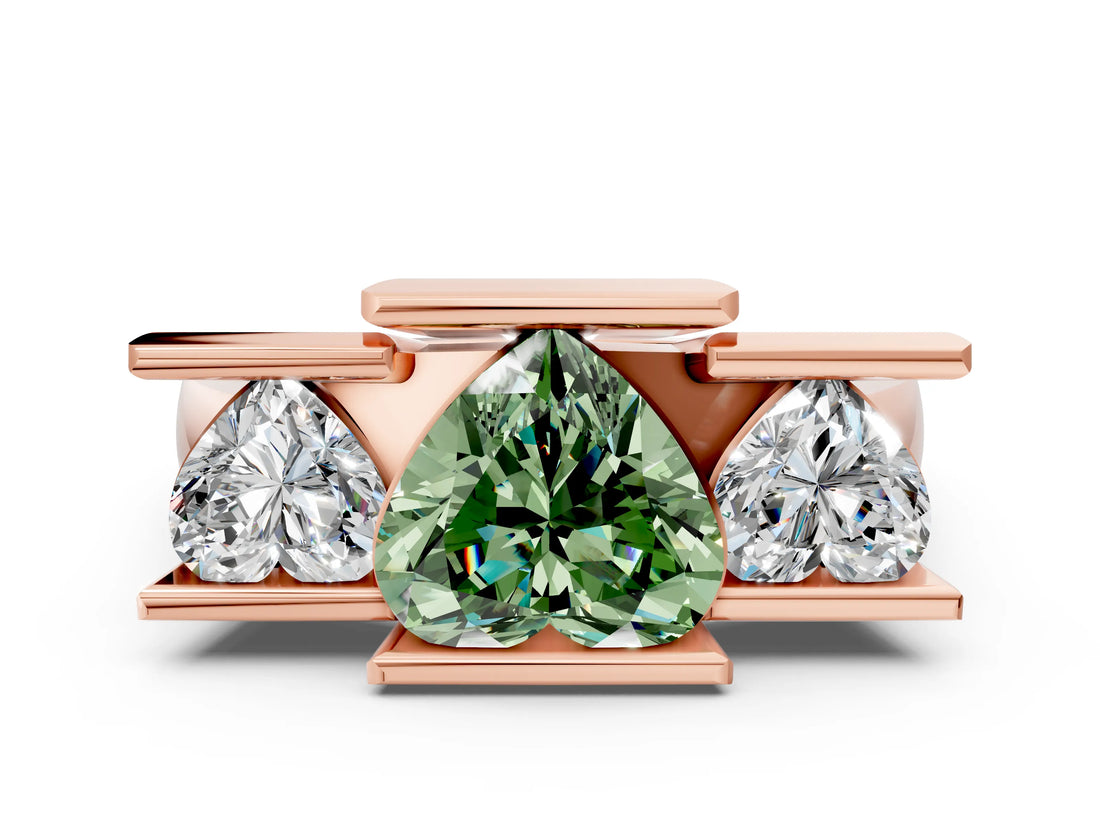 Rose gold Three Stone Fancy Green Heart Cut Cut Channel Set Diamond Ring