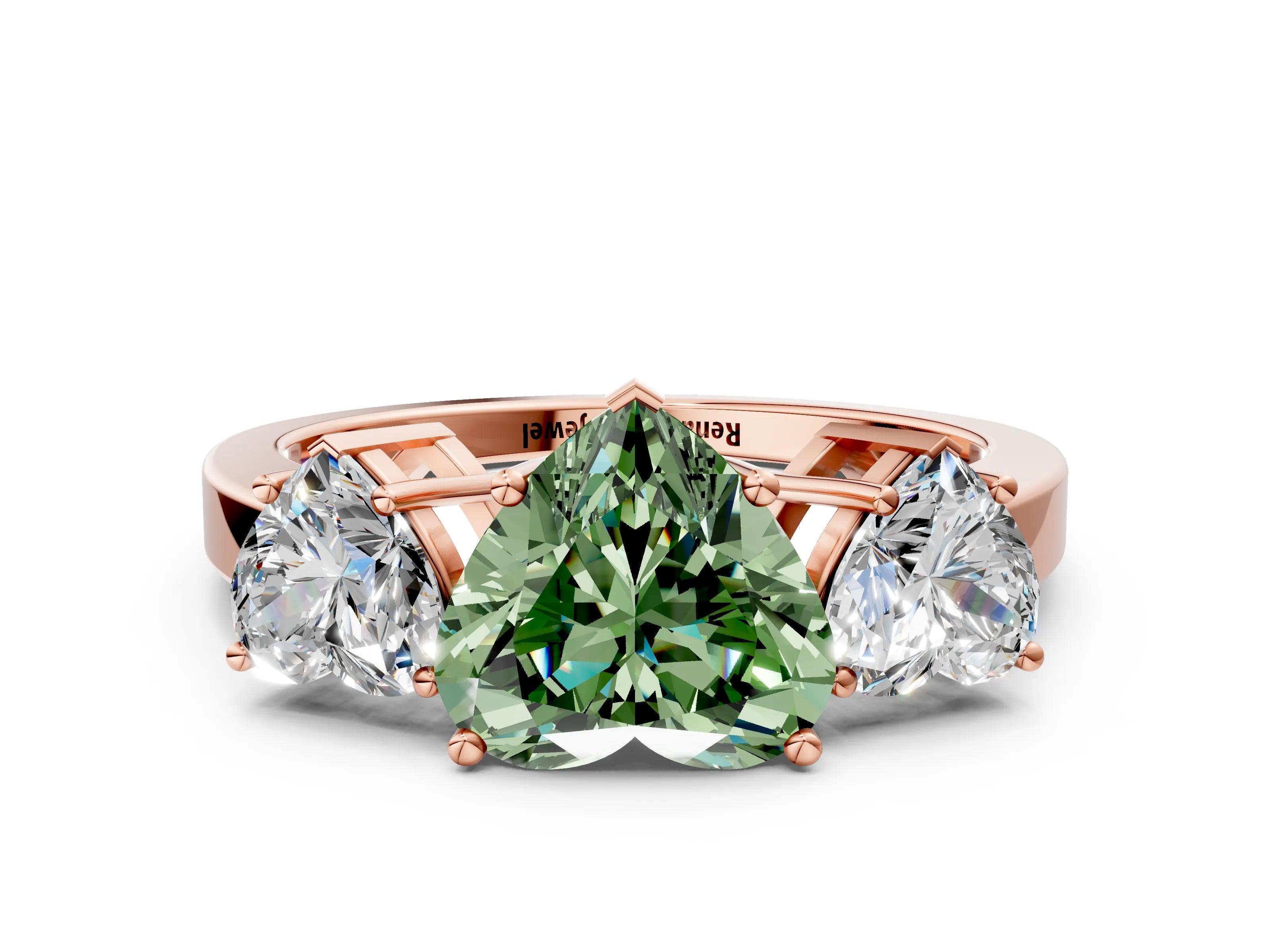 Rose gold Three-Stone Fancy Green Heart Cut Cut Diamond Engagement Ring with Flat Band and Four-Prong Setting