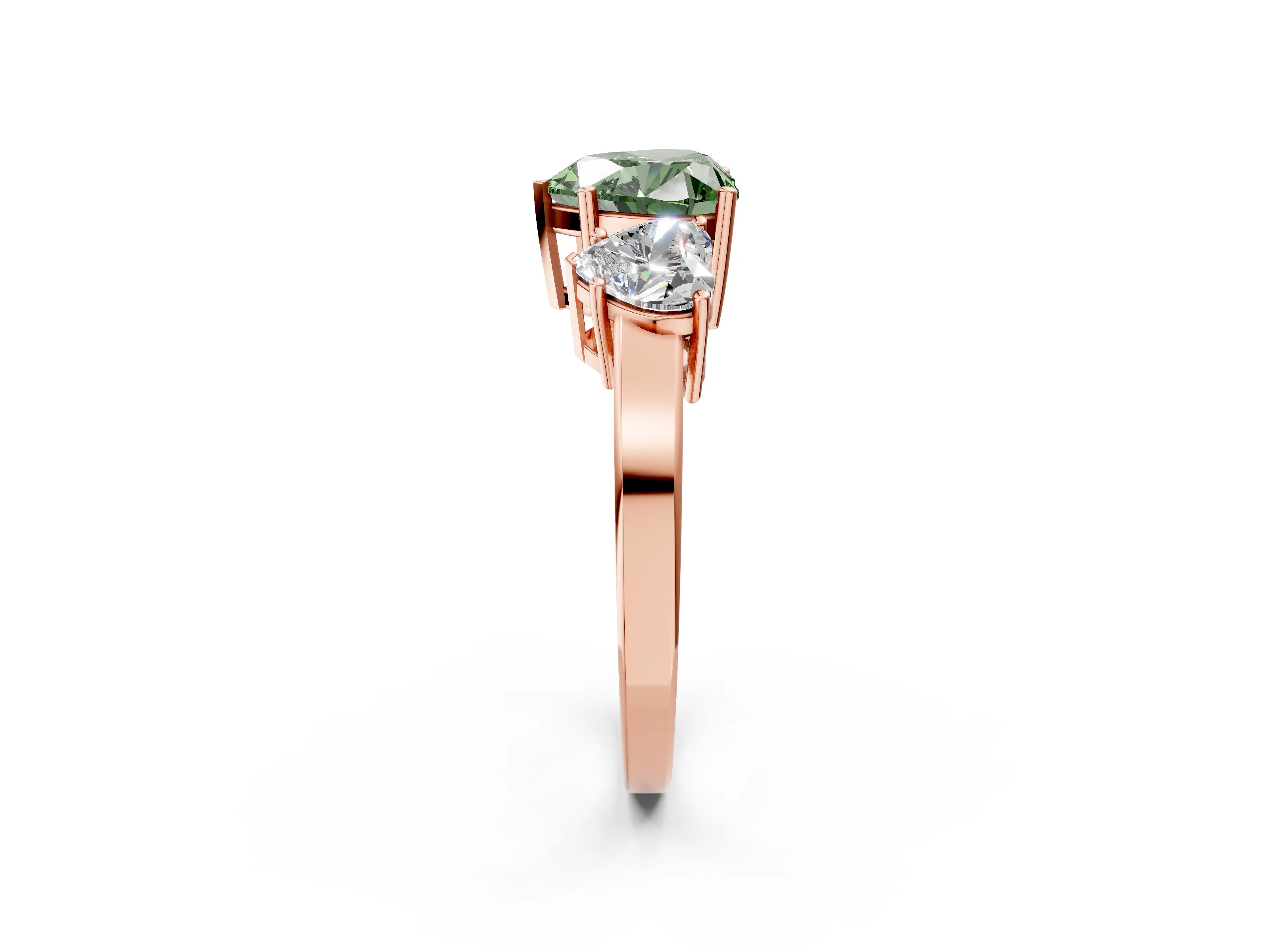 Rose gold Three-Stone Fancy Green Heart Cut Cut Diamond Engagement Ring with Flat Band and Four-Prong Setting_14