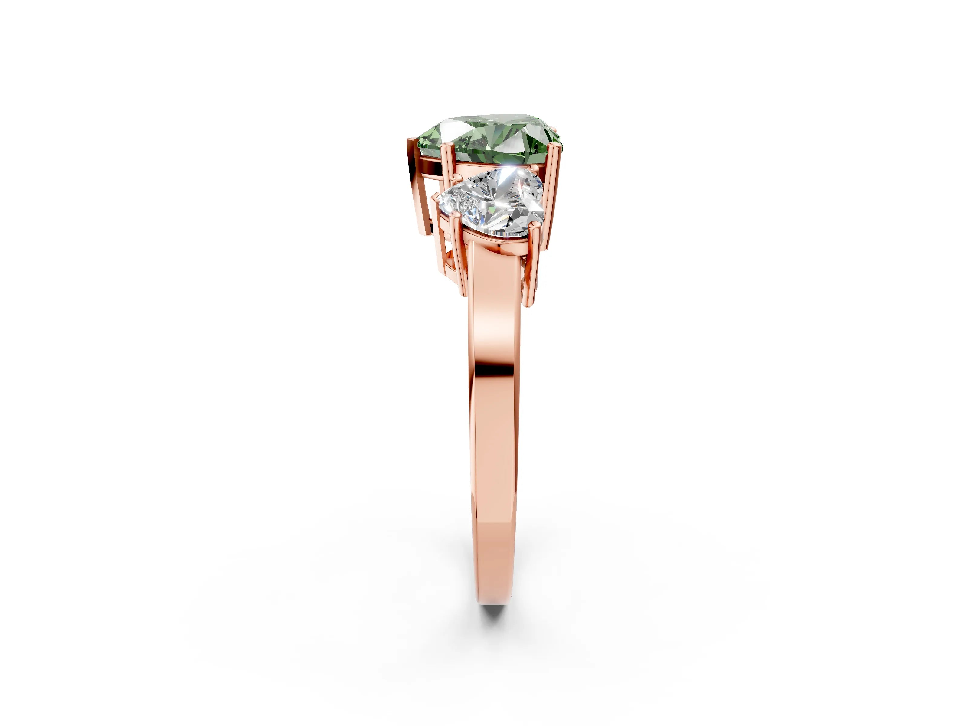 Rose gold Three-Stone Fancy Green Heart Cut Cut Diamond Engagement Ring with Flat Band and Four-Prong Setting_2