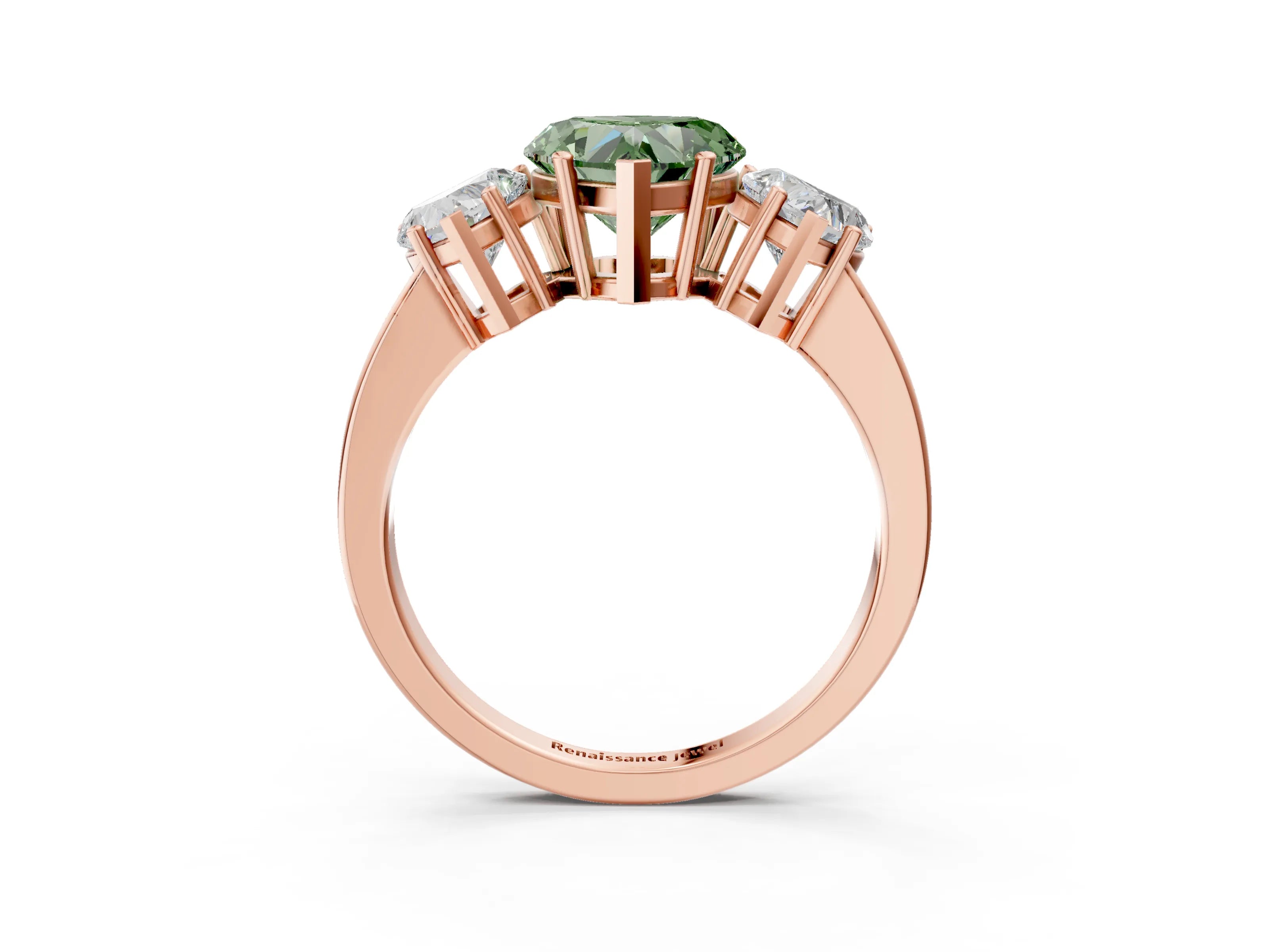Rose gold Three-Stone Fancy Green Heart Cut Cut Diamond Engagement Ring with Flat Band and Four-Prong Setting_3