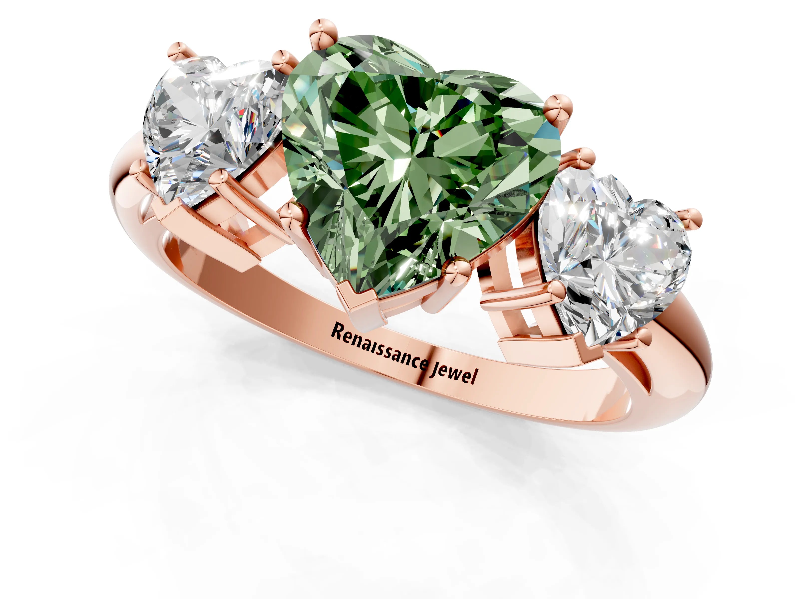 Rose gold Three-Stone Fancy Green Heart Cut Cut Diamond Engagement Ring with Prong Setting on a White Gold Band_1