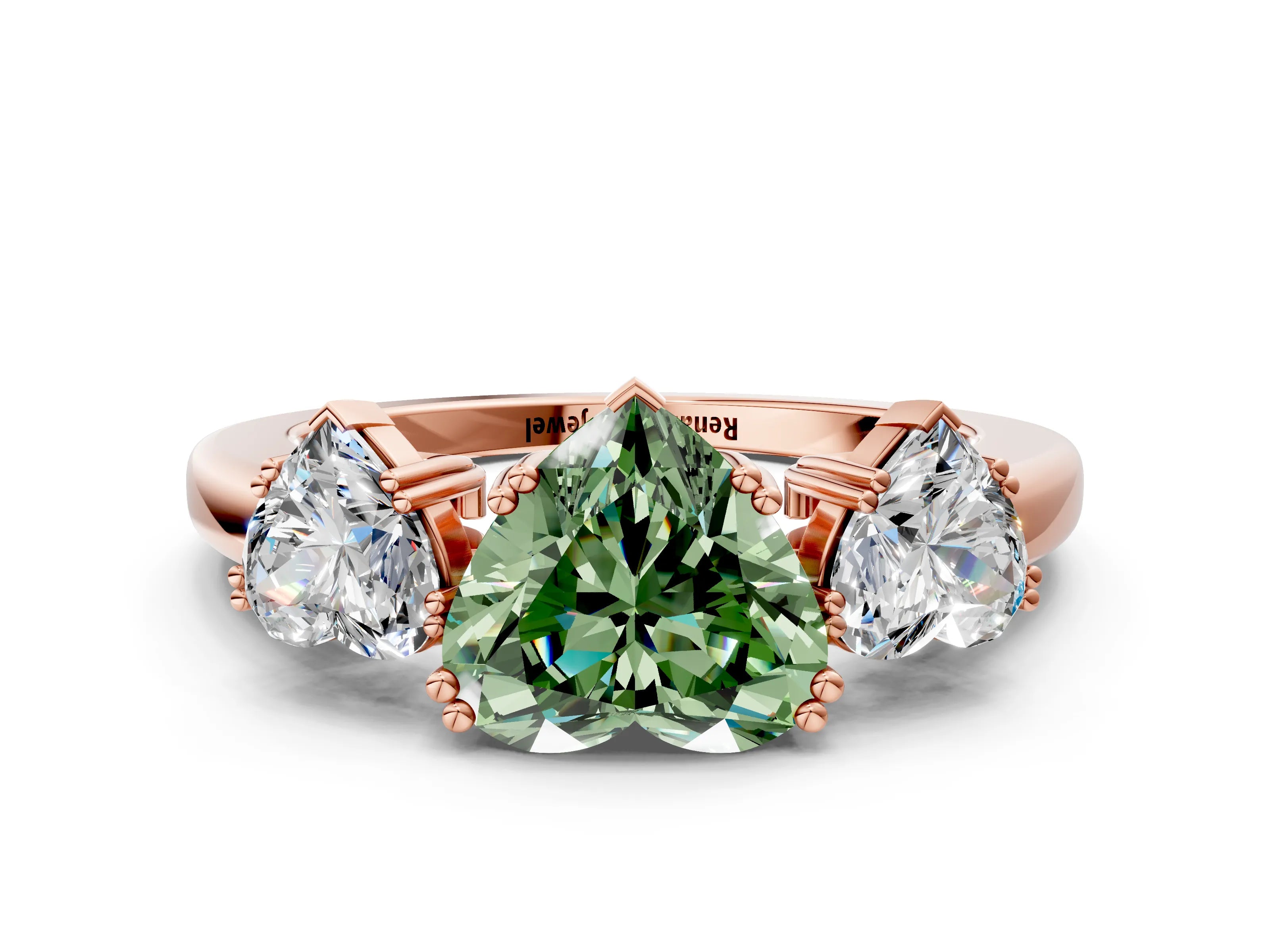 Rose gold Three-Stone Fancy Green Heart Cut Cut Diamond Ring with Channel Set Band and Four-Prong Setting