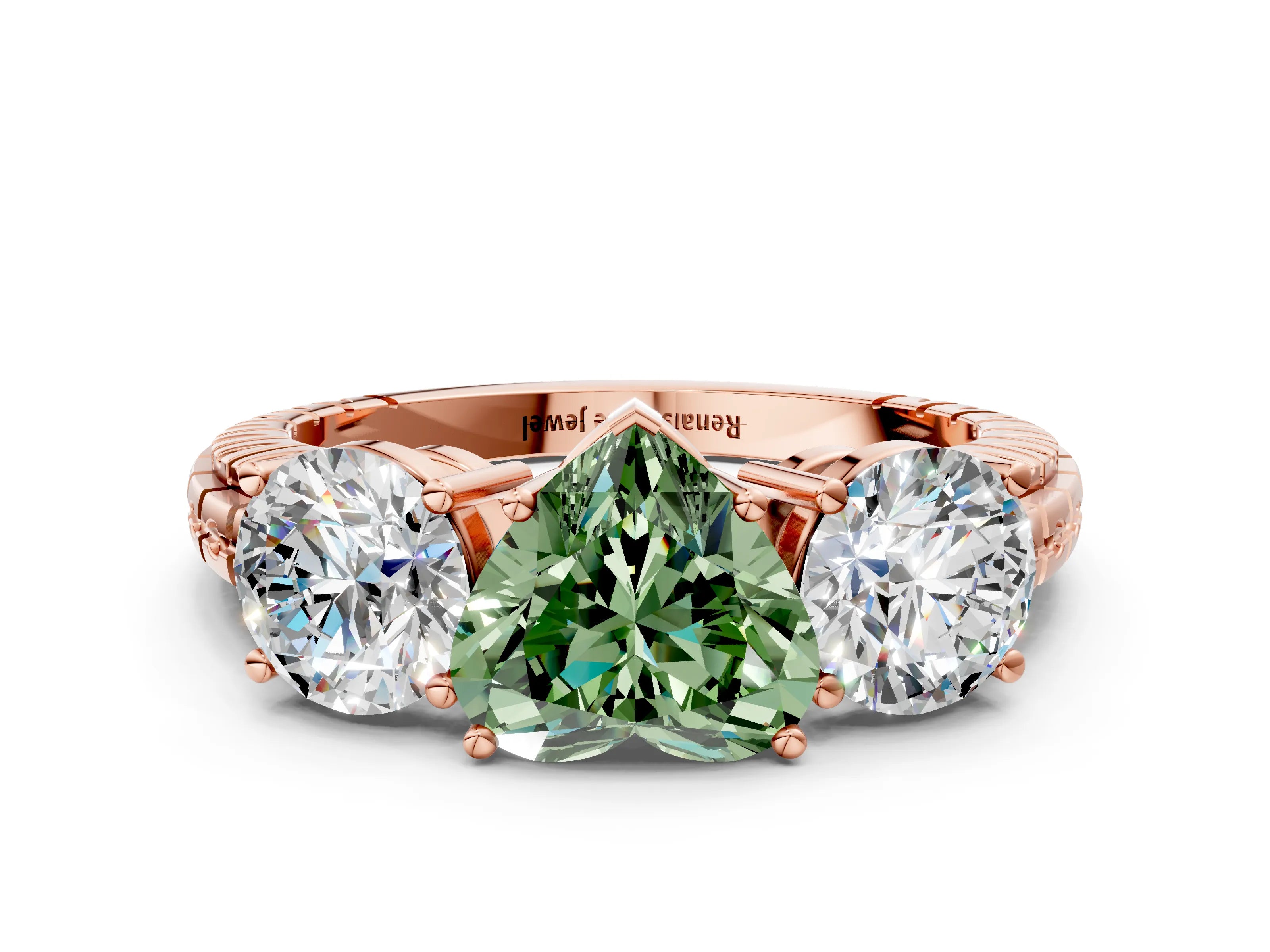 Rose gold Three-Stone Fancy Green Heart Cut Cut Diamond Ring with Channel-Set Band and Prong Setting