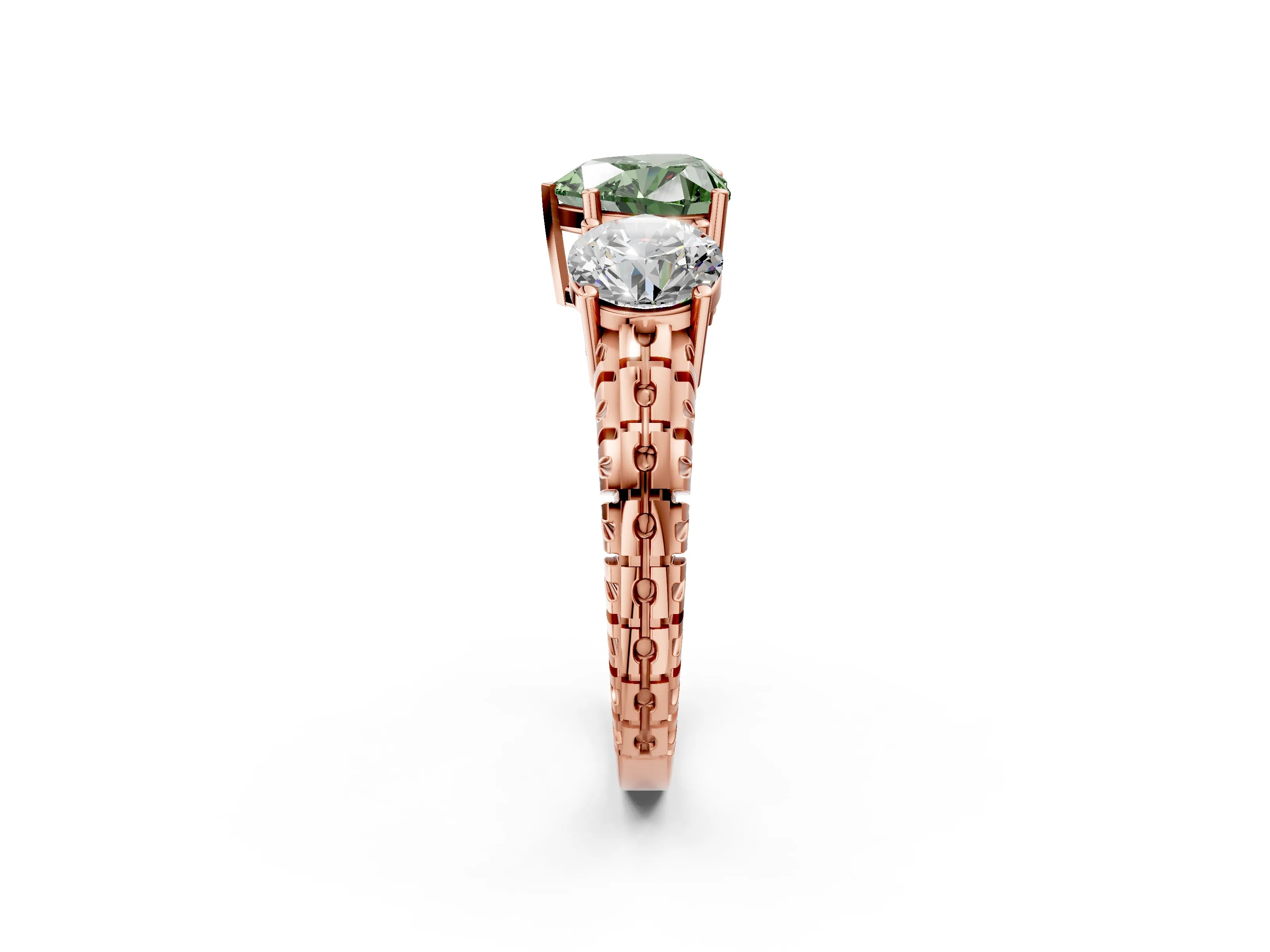 Rose gold Three-Stone Fancy Green Heart Cut Cut Diamond Ring with Channel-Set Band and Prong Setting_2