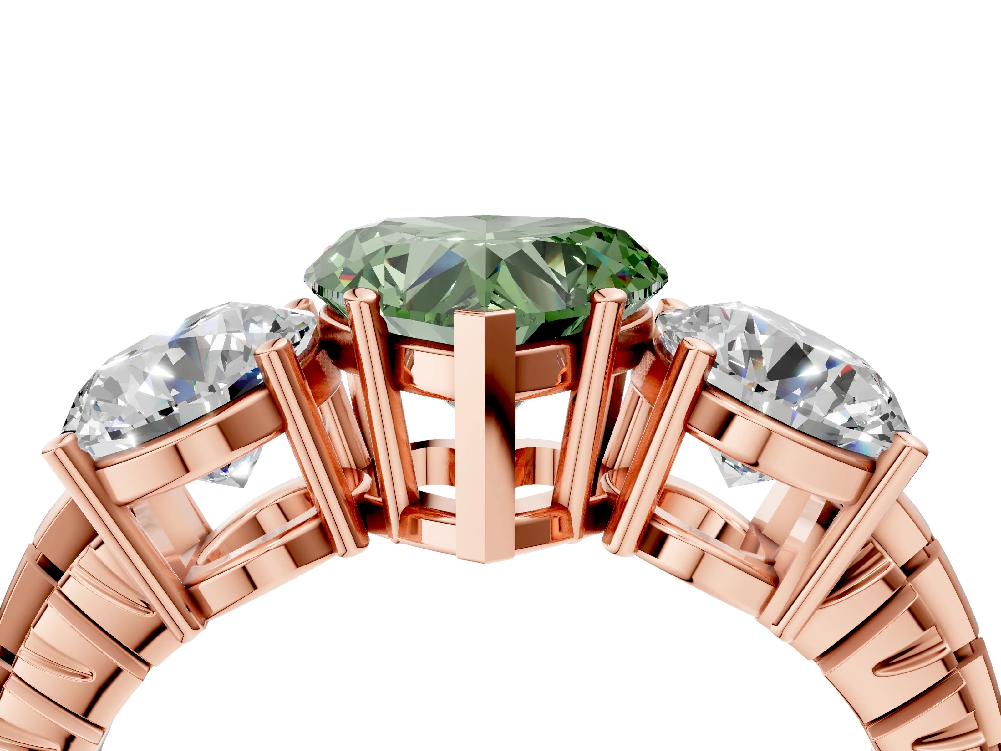 Rose gold Three-Stone Fancy Green Heart Cut Cut Diamond Ring with Channel-Set Band and Prong Setting_4