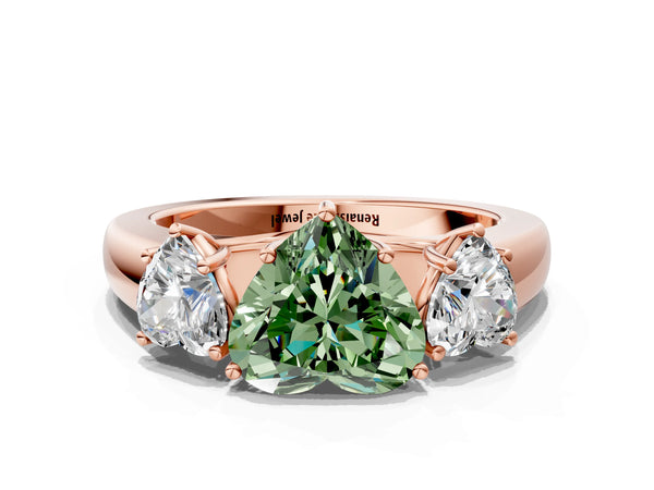 Rose gold Three-Stone Fancy Green Heart Cut Cut Diamond Ring with Prong Setting and Classic Band