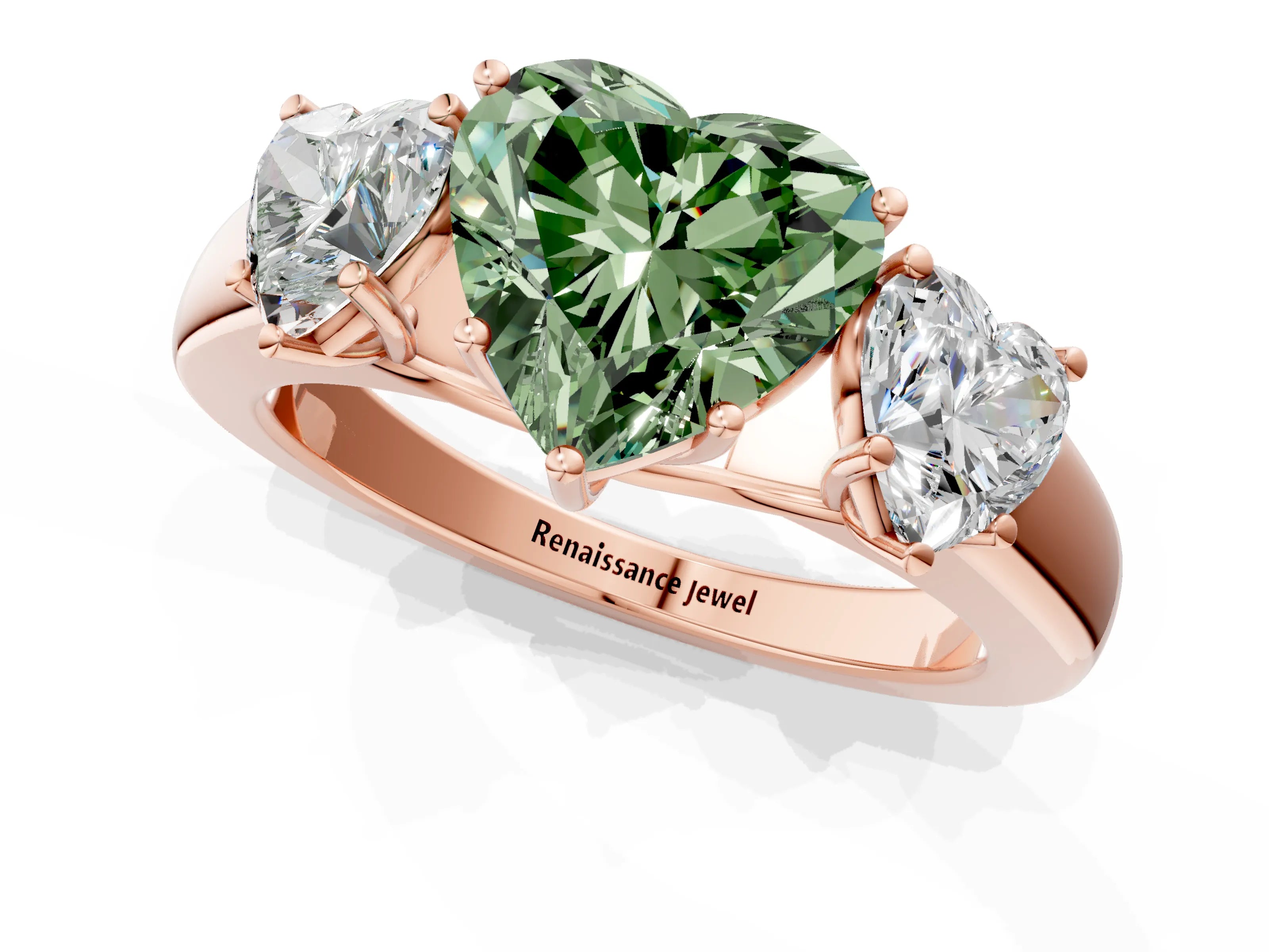 Rose gold Three-Stone Fancy Green Heart Cut Cut Diamond Ring with Prong Setting and Classic Band_1