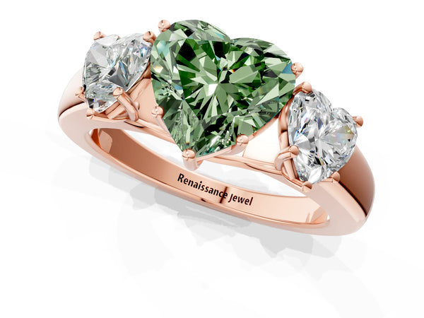 Rose gold Three-Stone Fancy Green Heart Cut Cut Diamond Ring with Prong Setting and Classic Band