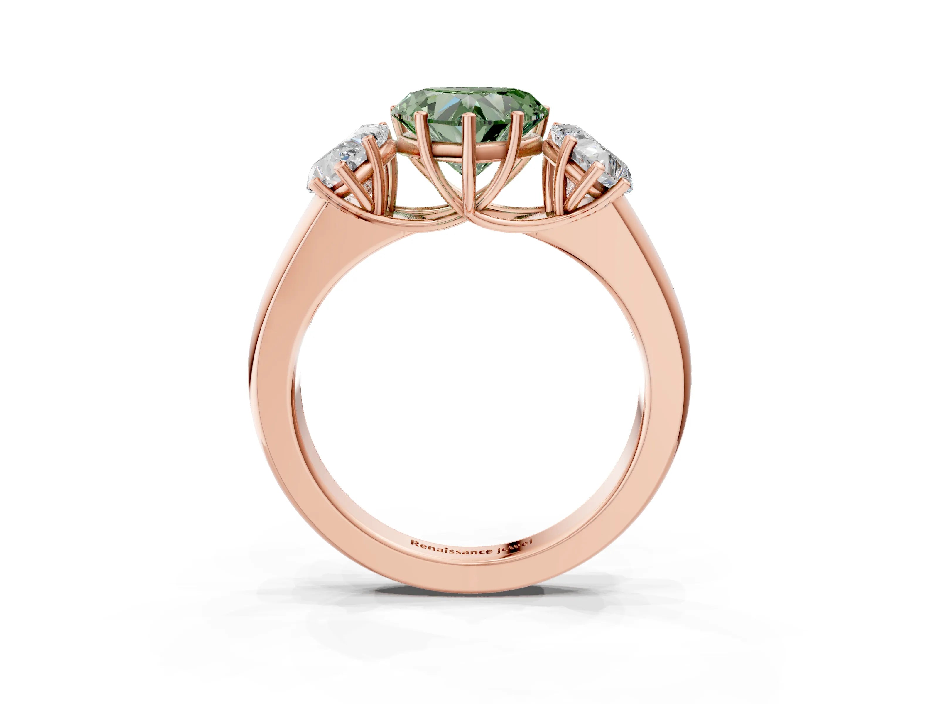 Rose gold Three-Stone Fancy Green Heart Cut Cut Diamond Ring with Prong Setting and Classic Band_3