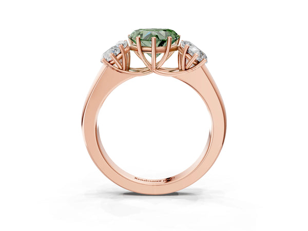 Rose gold Three-Stone Fancy Green Heart Cut Cut Diamond Ring with Prong Setting and Classic Band